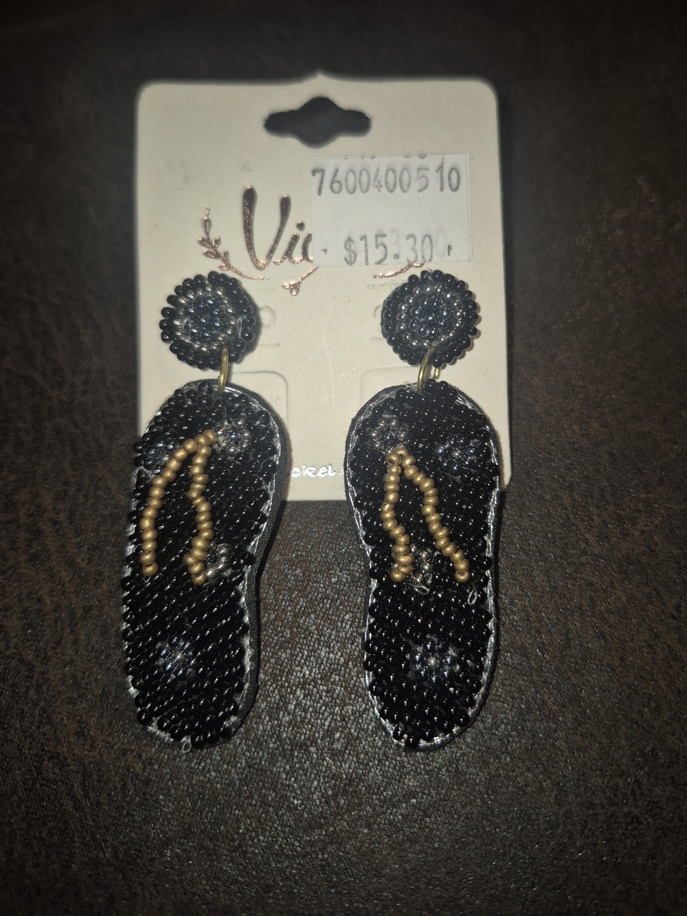 Black Beaded Flip Flop Dangle Earrings with Gold Bead Straps